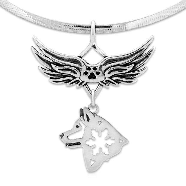 Alaskan Malamute Pet Loss Necklace with Angel Wing Charm Holder with Paw Print in Sterling Silver on Omega Chain.