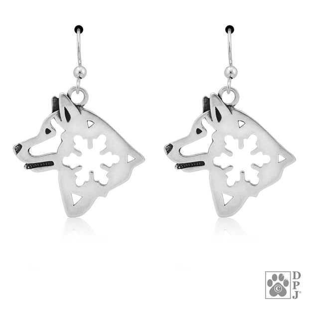 Sterling Silver Alaskan Malamute Earrings with Snowflake Detail