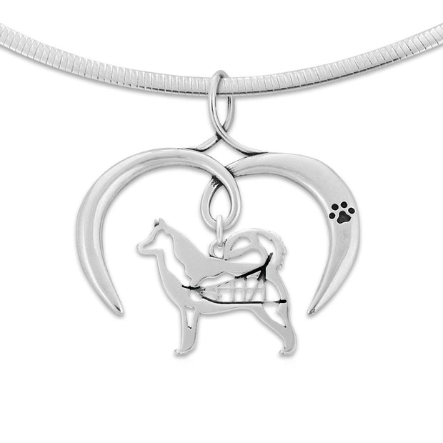Alaskan Malamute Necklace with Open Heart Charm with Paw Print in Sterling Silver on Omega Chain.