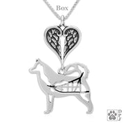 Alaskan Malamute Sympathy Gift Necklace with Heart Shaped Angel Wing Pendant in Sterling Silver on Box Chain.