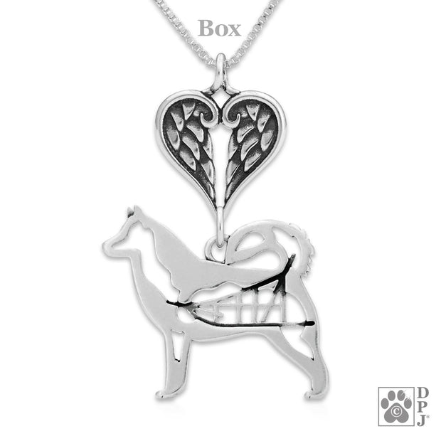 Alaskan Malamute Sympathy Gift Necklace with Heart Shaped Angel Wing Pendant in Sterling Silver on Box Chain.