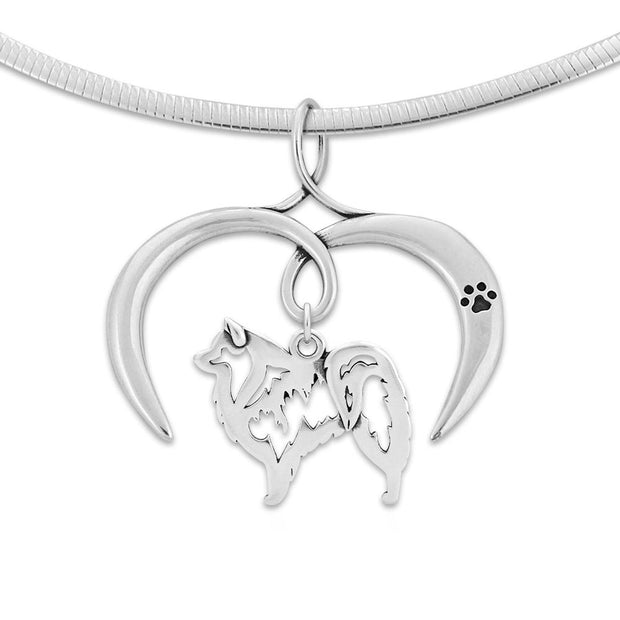 American Eskimo Necklace with Open Heart Charm Holder with Paw Print in Sterling Silver on Omega Chain.