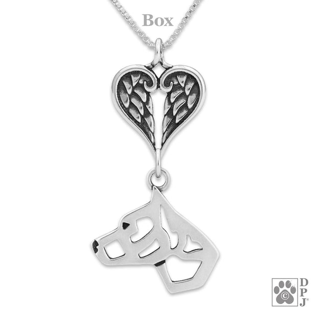 American Staffordshire Terrier Sympathy Gift Necklace with Heart Shaped Angel Wing Pendant in Sterling Silver on Box Chain.