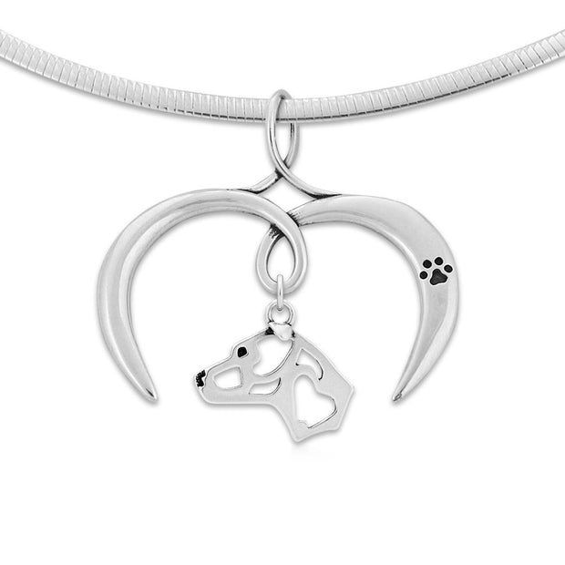 American Staffordshire Terrier Necklace with Open Heart Charm Holder with Paw Print in Sterling Silver on Omega Chain.