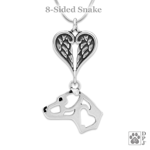 American Staffordshire Terrier Sympathy Gift Necklace with Heart Shaped Angel Wing Pendant in Sterling Silver on Snake Chain.