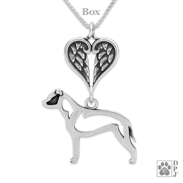 American Staffordshire Terrier Sympathy Gift Necklace with Heart Shaped Angel Wing Pendant in Sterling Silver on Box Chain.