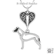 American Staffordshire Terrier Sympathy Gift Necklace with Heart Shaped Angel Wing Pendant in Sterling Silver on Snake Chain.