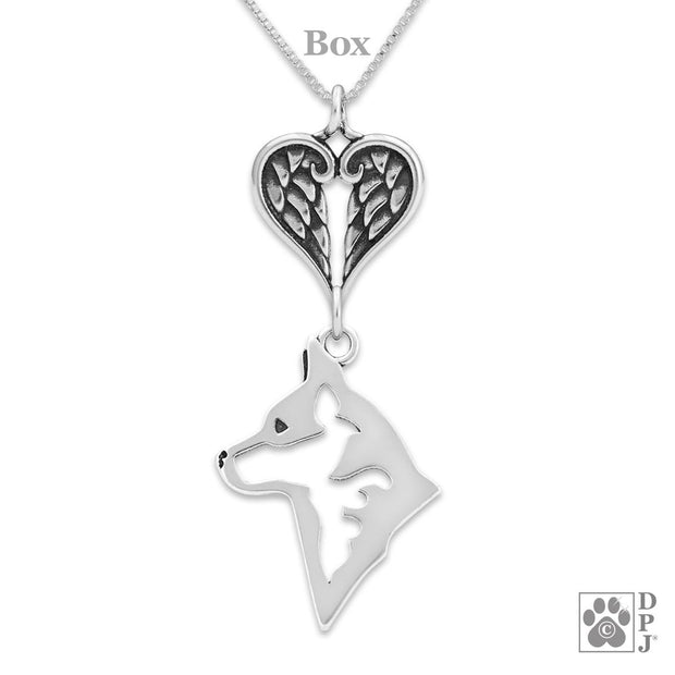 Australian Cattle Dog Sympathy Gift Necklace with Heart Shaped Angel Wing Pendant in Sterling Silver on Box Chain.
