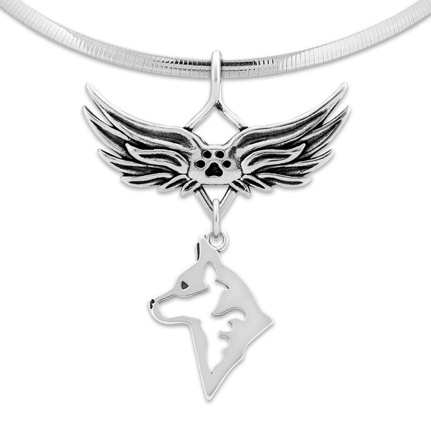 Australian Cattle Dog Pet Loss Necklace with Angel Wing Charm Holder with Paw Print in Sterling Silver on Omega Chain.