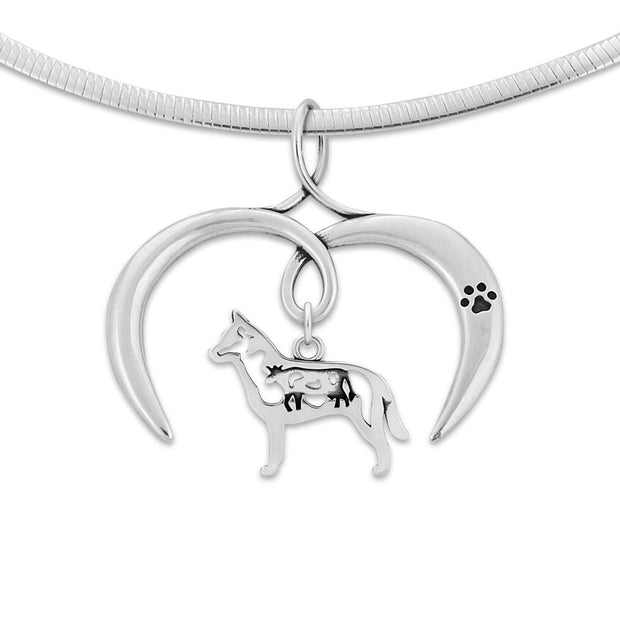 Australian Cattle Dog Necklace with Open Heart Charm Holder with Paw Print in Sterling Silver on Omega Chain.
