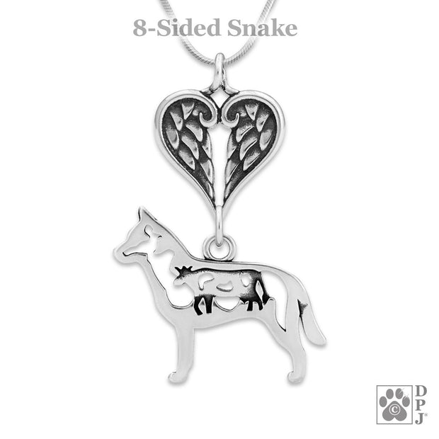 Australian Cattle Dog Sympathy Gift Necklace with Heart Shaped Angel Wing Pendant in Sterling Silver on Snake Chain.