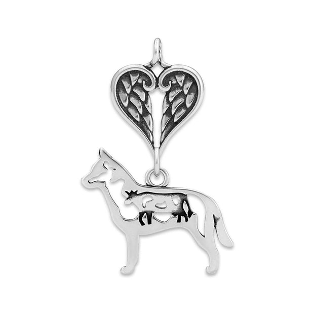 Australian Cattle Dog Sympathy Gift Pendant with Heart Shaped Angel Wing Pendant in Sterling Silver.