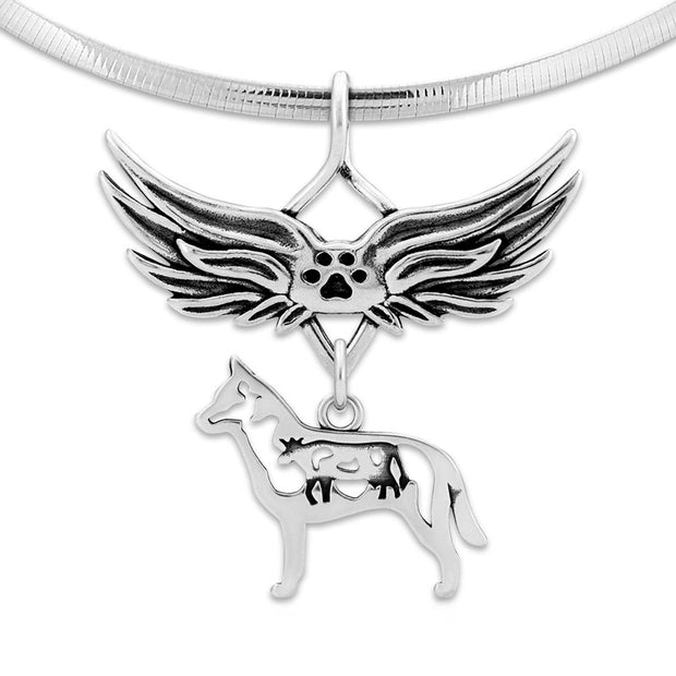 Australian Cattle Dog Pet Loss Necklace with Angel Wing Charm Holder with Paw Print in Sterling Silver on Omega Chain.