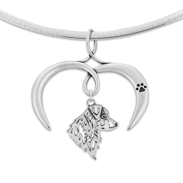 Australian Shepherd Necklace with Open Heart Charm Holder with Paw Print in Sterling Silver on Omega Chain.