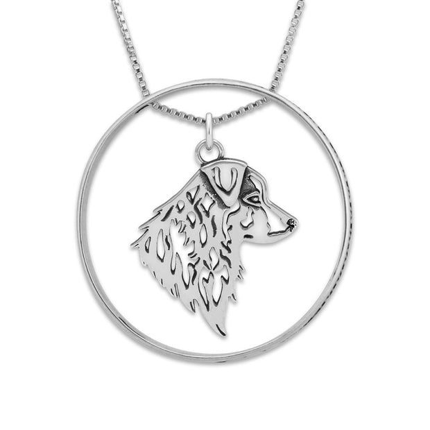 Sterling Silver Australian Shepherd Necklace w/Paw Print Enhancer, Head