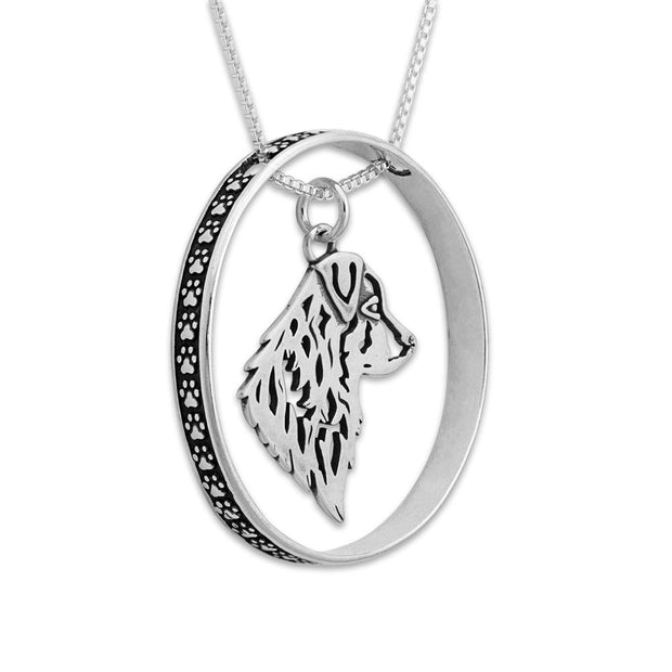 Sterling Silver Australian Shepherd Necklace w/Paw Print Enhancer, Head