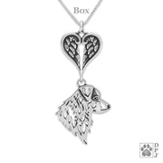 Australian Shepherd Sympathy Gift Necklace with Heart Shaped Angel Wing Pendant in Sterling Silver on Box Chain.