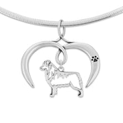 Australian Shepherd Necklace with Open Heart Charm Holder with Paw Print in Sterling Silver on Omega Chain.