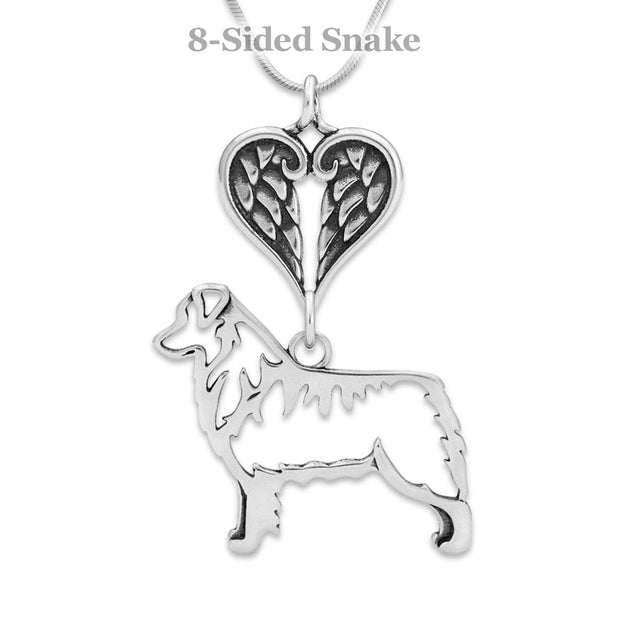 Australian Shepherd Sympathy Gift Necklace with Heart Shaped Angel Wing Pendant in Sterling Silver on Snake Chain.