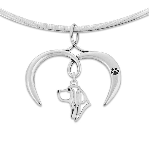 Basset Hound Necklace with Open Heart Charm Holder with Paw Print in Sterling Silver on Omega Chain.