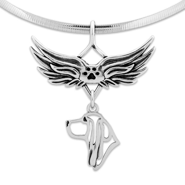 Basset Hound Pet Loss Necklace with Angel Wing Charm Holder with Paw Print in Sterling Silver on Omega Chain.