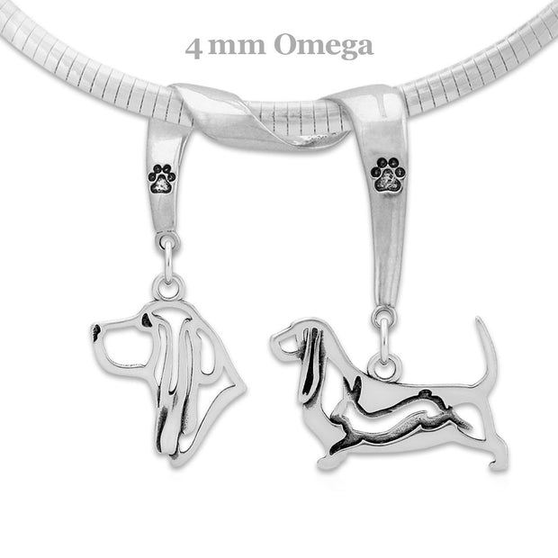 Basset Hound Necklace Head and Body Designs on Paw Print Charm Holder in Sterling Silver on Omega Chain.