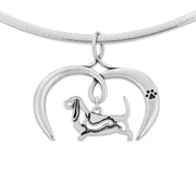 Basset Hound Necklace with Open Heart Charm Holder with Paw Print in Sterling Silver on Omega Chain.