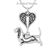 Bassett Hound Sympathy Gift Necklace with Heart Shaped Angel Wing Pendant in Sterling Silver on Snake Chain.