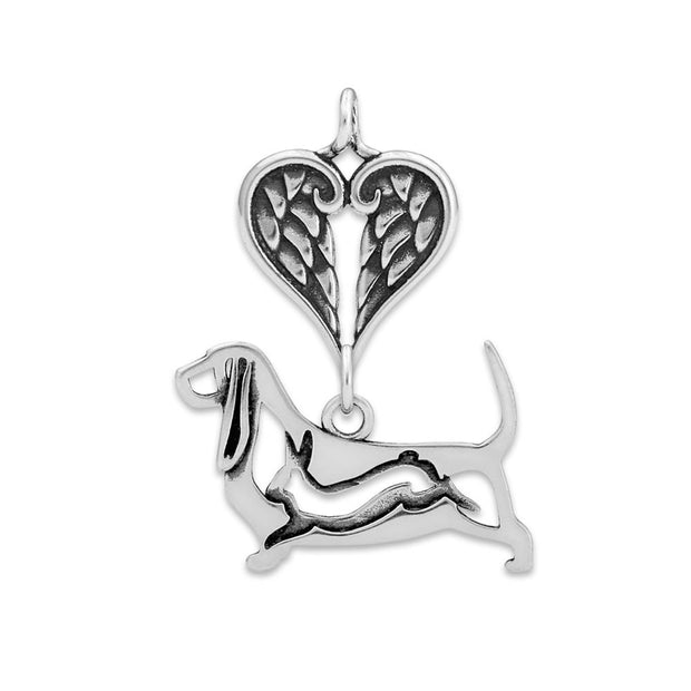 Basset Hound Sympathy Gift Pendant with Heart Shaped Angel Wing Pendant in Sterling Silver.