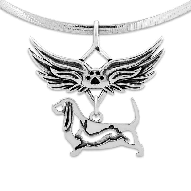 Basset Hound Pet Loss Necklace with Angel Wing Charm Holder with Paw Print in Sterling Silver on Omega Chain.