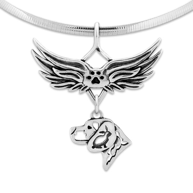 Beagle Pet Loss Necklace with Angel Wing Charm Holder with Paw Print in Sterling Silver on Omega Chain.