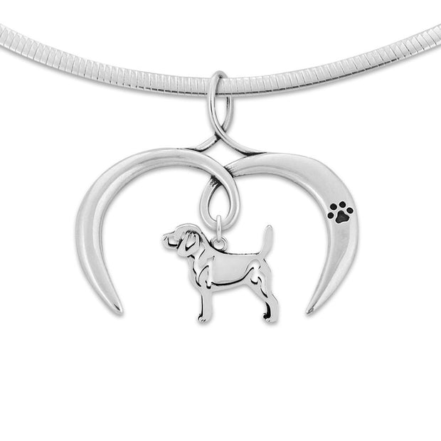 Beagle Necklace with Open Heart Charm Holder with Paw Print in Sterling Silver on Omega Chain.