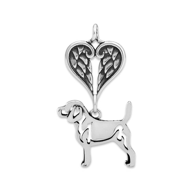 Beagle Sympathy Gift Pendant with Heart Shaped Angel Wing Pendant in Sterling Silver.