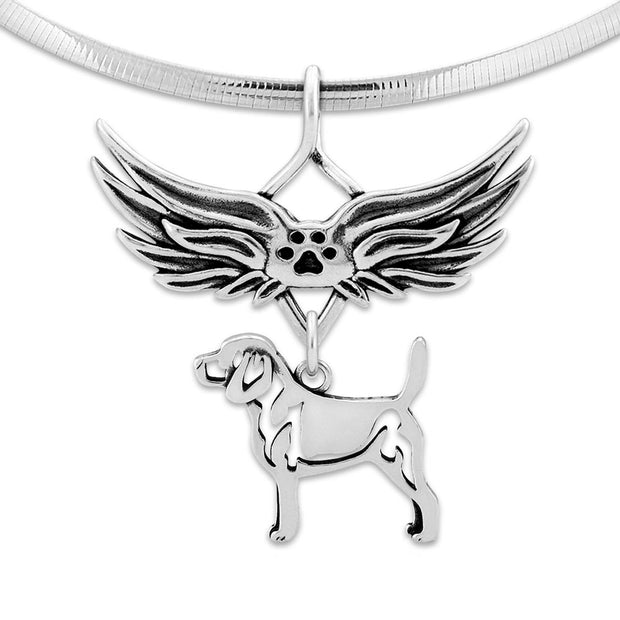 Beagle Pet Loss Necklace with Angel Wing Charm Holder with Paw Print in Sterling Silver on Omega Chain.