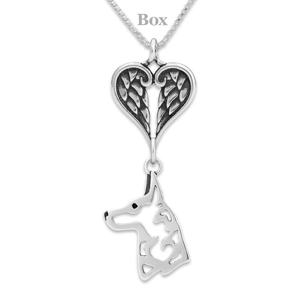 Belgian Malinois Sympathy Gift Necklace with Heart Shaped Angel Wing Pendant in Sterling Silver on Box Chain.