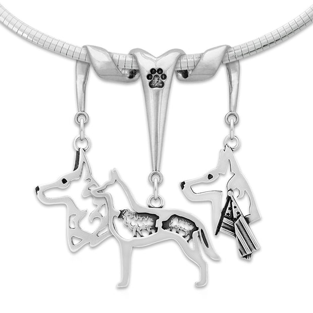 Belgian Malinois Necklace Head and Body Designs on Paw Print Three Charm Holder in Sterling Silver on Omega Chain.
