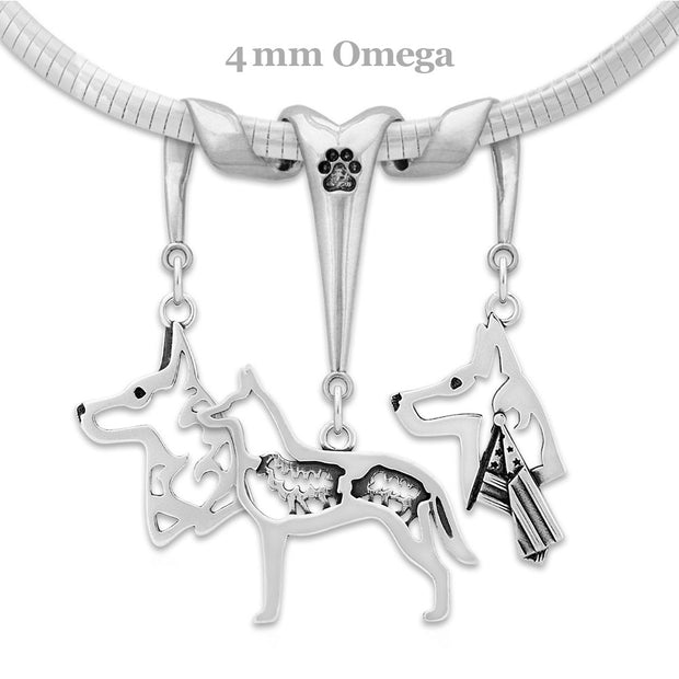 Belgian Malinois Necklace Head and Body Designs on Paw Print Three Charm Holder in Sterling Silver on Omega Chain.