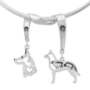 Belgian Malinois Necklace Head and Body Designs on Paw Print Charm Holder in Sterling Silver on Omega Chain.
