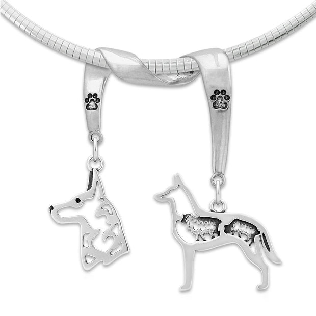 Belgian Malinois Necklace Head and Body Designs on Paw Print Charm Holder in Sterling Silver on Omega Chain.