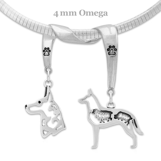 Belgian Malinois Necklace Head and Body Designs on Paw Print Charm Holder in Sterling Silver on Omega Chain.