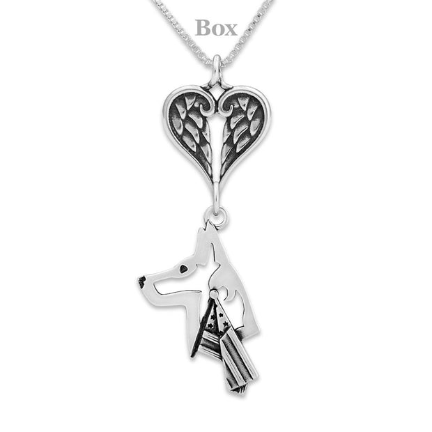 Belgian Malinois Sympathy Gift Necklace with Heart Shaped Angel Wing Pendant in Sterling Silver on Box Chain.