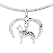 Belgian Malinois Necklace with Open Heart Charm Holder with Paw Print in Sterling Silver on Omega Chain.