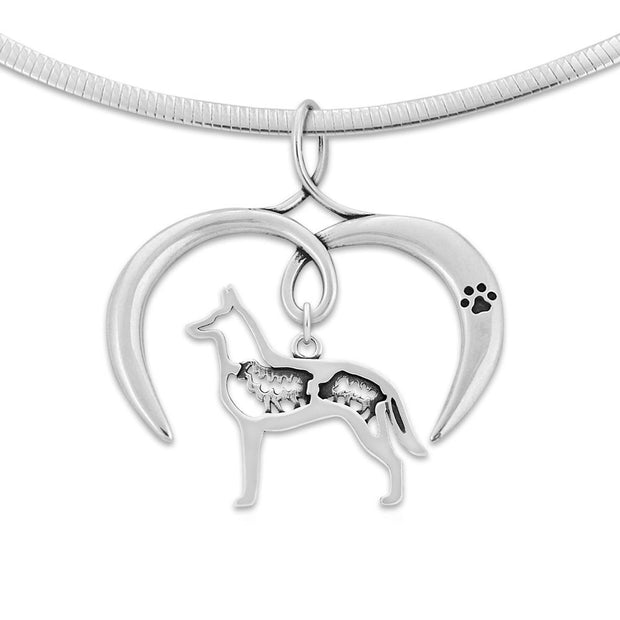 Belgian Malinois Necklace with Open Heart Charm Holder with Paw Print in Sterling Silver on Omega Chain.