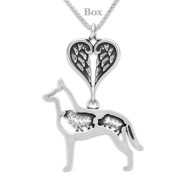 Belgian Malinois Sympathy Gift Necklace with Heart Shaped Angel Wing Pendant in Sterling Silver on Box Chain.