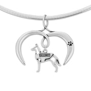 Belgian Malinois Necklace with Open Heart Charm Holder with Paw Print in Sterling Silver on Omega Chain.
