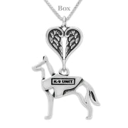 Belgian Malinois Sympathy Gift Necklace with Heart Shaped Angel Wing Pendant in Sterling Silver on Box Chain.