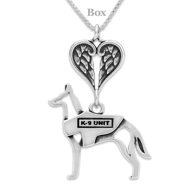 Belgian Malinois Sympathy Gift Necklace with Heart Shaped Angel Wing Pendant in Sterling Silver on Box Chain.