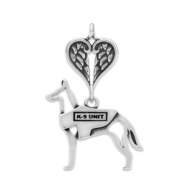 Belgian Malinois Sympathy Gift Pendant with Heart Shaped Angel Wing Pendant in Sterling Silver.
