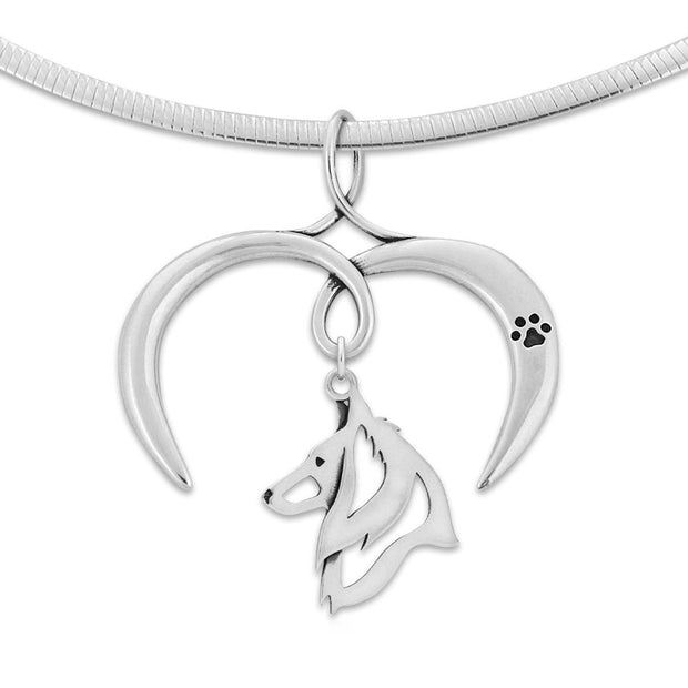 Belgian Sheepdog Necklace with Open Heart Charm Holder with Paw Print in Sterling Silver on Omega Chain.