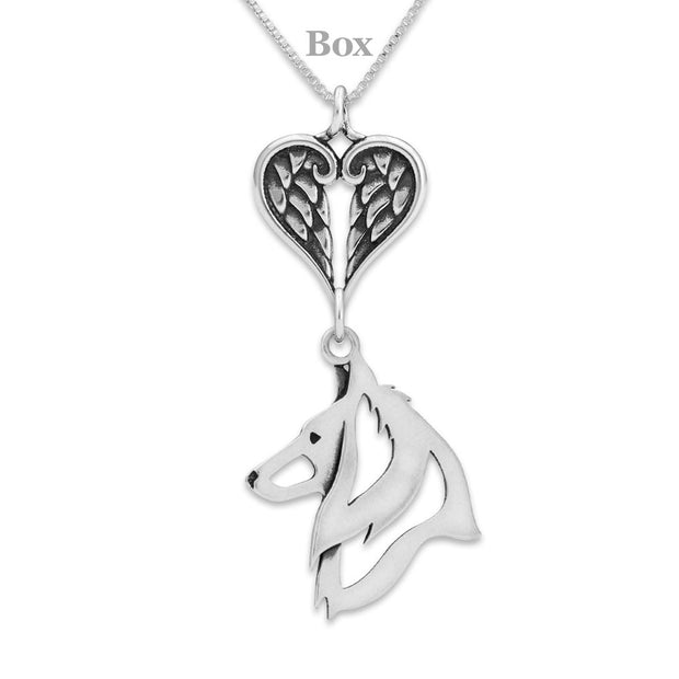 Belgian Sheepdog Sympathy Gift Necklace with Heart Shaped Angel Wing Pendant in Sterling Silver on Box Chain.